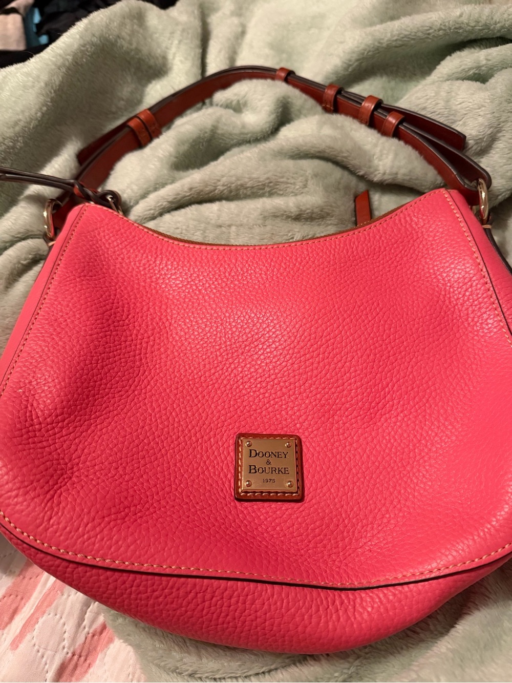 Dooney & Bourke Coral Pink Pebble Leather Shoulder Bag with Tan Strap